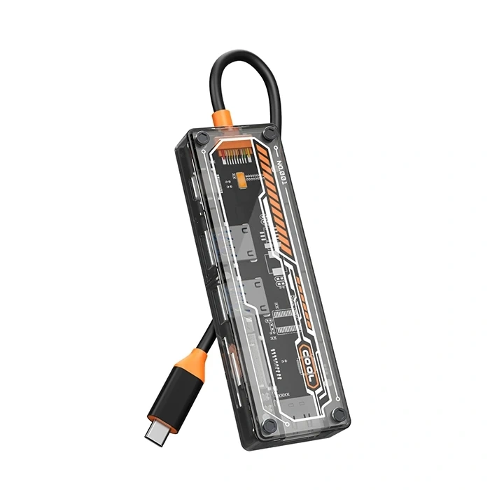 ALLY 6in1 Type-c To USB3.0 + USB2.0 + Type-c PD 100W + SD + TF + HDMI  Çoğaltıcı Transparan Hub-(5775)