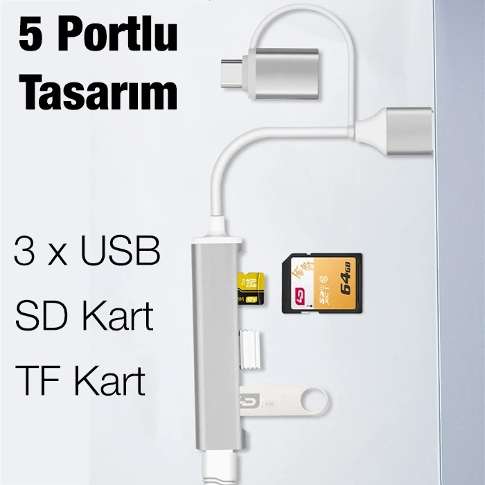 ALLY A-807 5in1 Type-C + USB Girişli USB 3.0 Çoğaltıcı Hub Adaptör-(5775)