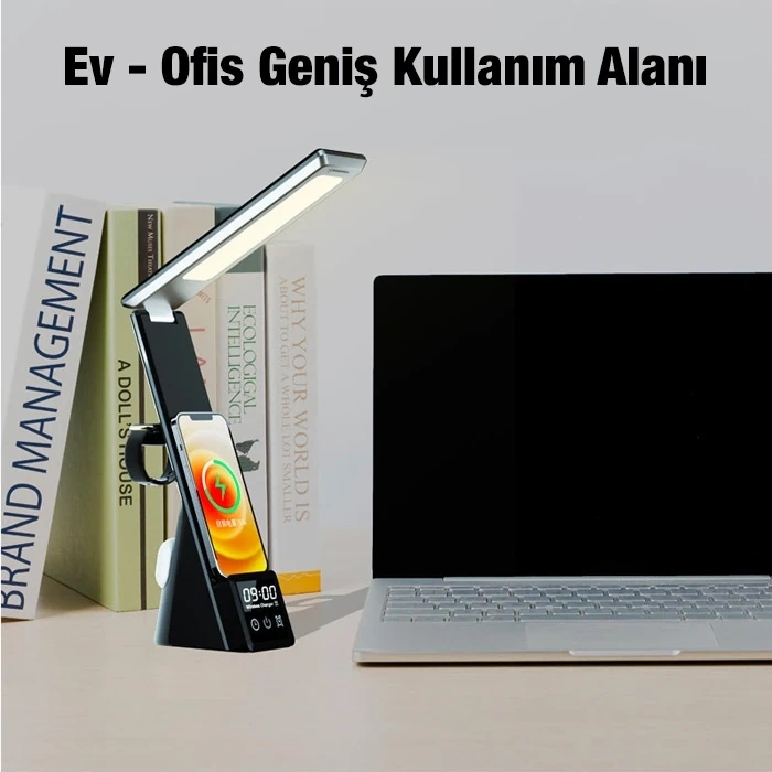 ALLY Dijital Saatli 15W Kablosuz Şarjlı LED Işıklı Katlanabilir Masa Lambası-(5775)
