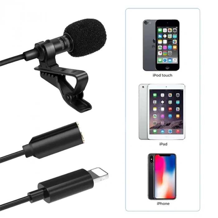 ALLY iPhone Lightning Yaka Mikrofonu+3.5MM jack Profesyonel Youtuber Mikrofonu-(5775)