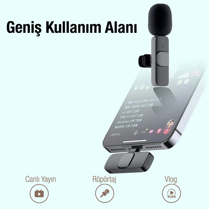 Ally K8 Lightning iPhone Tak Konuş Wireless Kablosuz Mini Yaka Mikrofonu Canlı Yayın Mikrofonu-(5775)