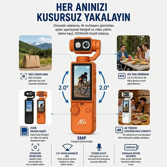 Ally Q8 PocketPro 4K Dijital Vlog Kamerası-(5775)