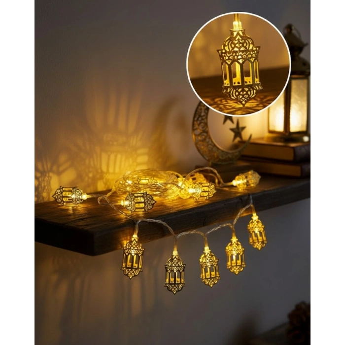 Altın Fener Detaylı Pilli Ramazan LED Işık Ev Dekorasyonu