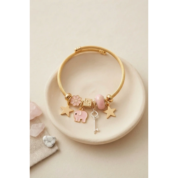 Anahtar ve Fil Model Pembe Charmlı Bileklik