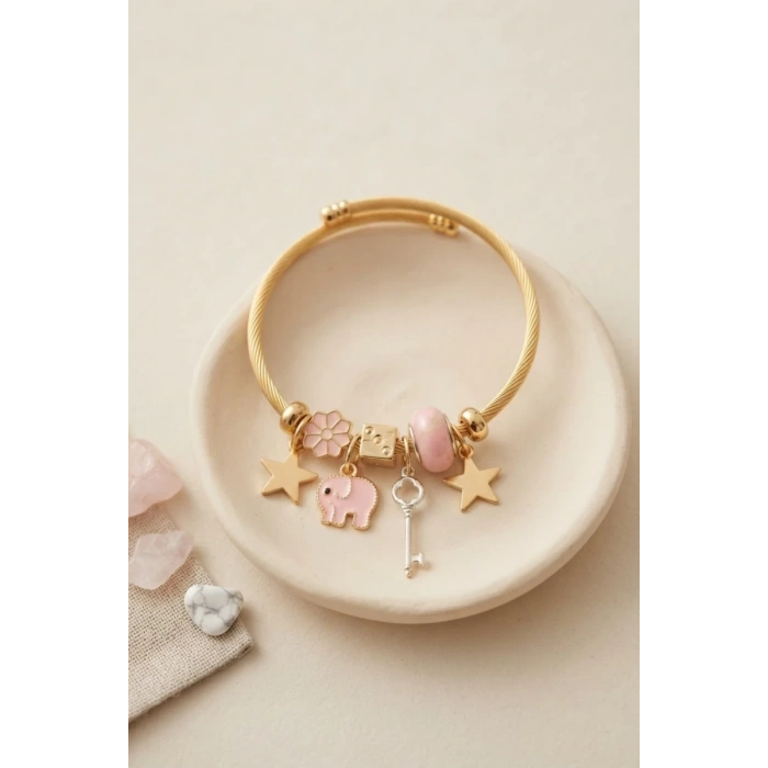 Anahtar ve Fil Model Pembe Charmlı Bileklik TJ-BB8753