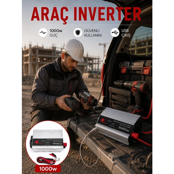 Araç Aküsünden Güvenli Elektrik Sağlayan 1000 Watt İnverter