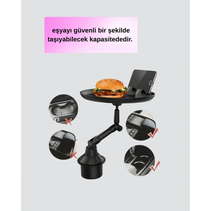 Araç Bardaklık Tepsisi 360° Dönebilen Kol Ayarlı Geniş Yemek Alanlı