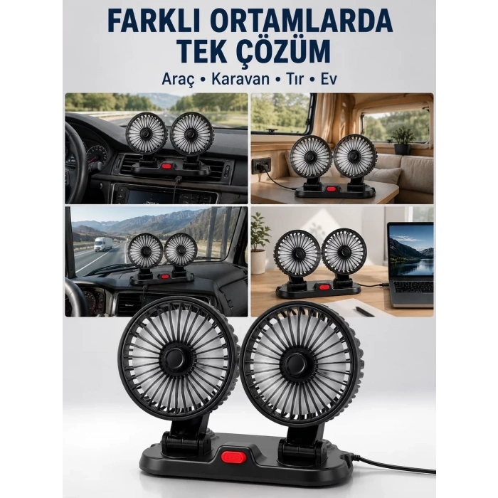 Araç Karavan ve Tır İçin Çift Fanlı Mini Vantilatör