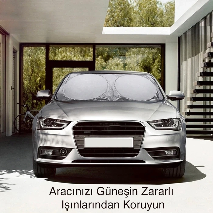 Araç Oto Ön Cam Çift Daireli Gümüş Kaplama Güneş Kalkanı Branda-(5775)