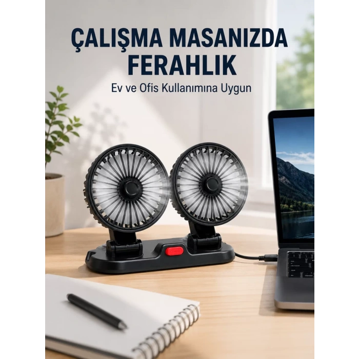 Araç ve Ev Kullanımına Uygun Çift Başlıklı Masaüstü Vantilatör