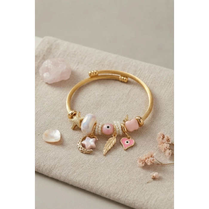 Ay Yıldız ve Kalp Model Pembe Charmlı Kadın Bileklik TJ-BB8757