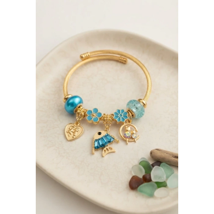 Balık Charmlı Mavi Renk Gold Bileklik TJ-BB8706