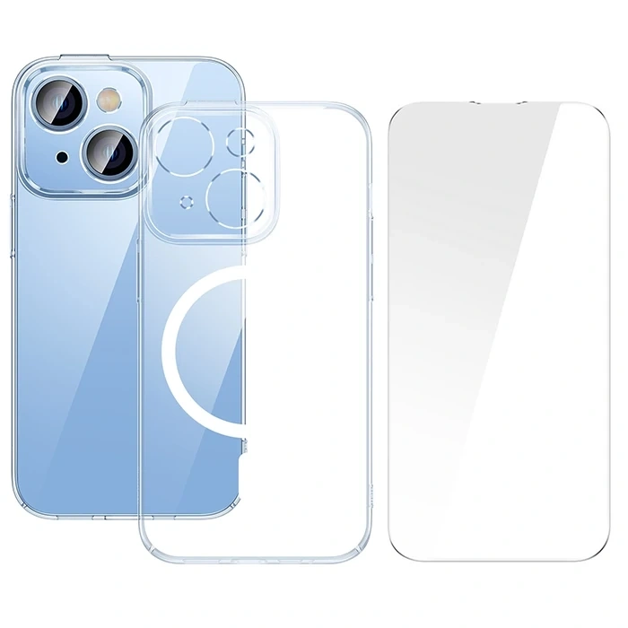Baseus Crystal iPhone 14 6.1 Magsafe Silikon Kılıf + Tempered Ekran Koruyucu Set-(5775)
