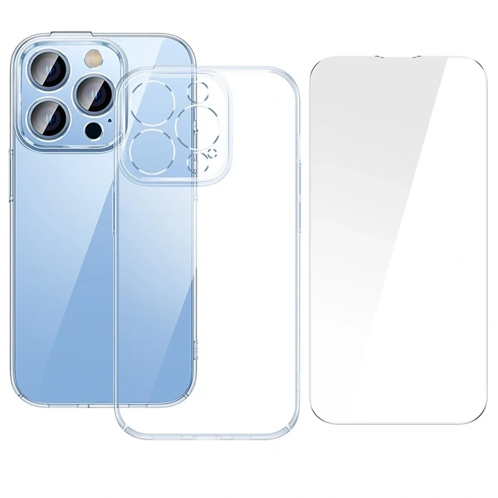 Baseus Crystal iPhone 14 Pro 6.1 Ultra-Thin Silikon Kılıf + Tempered Ekran Koruyucu Set-(5775)
