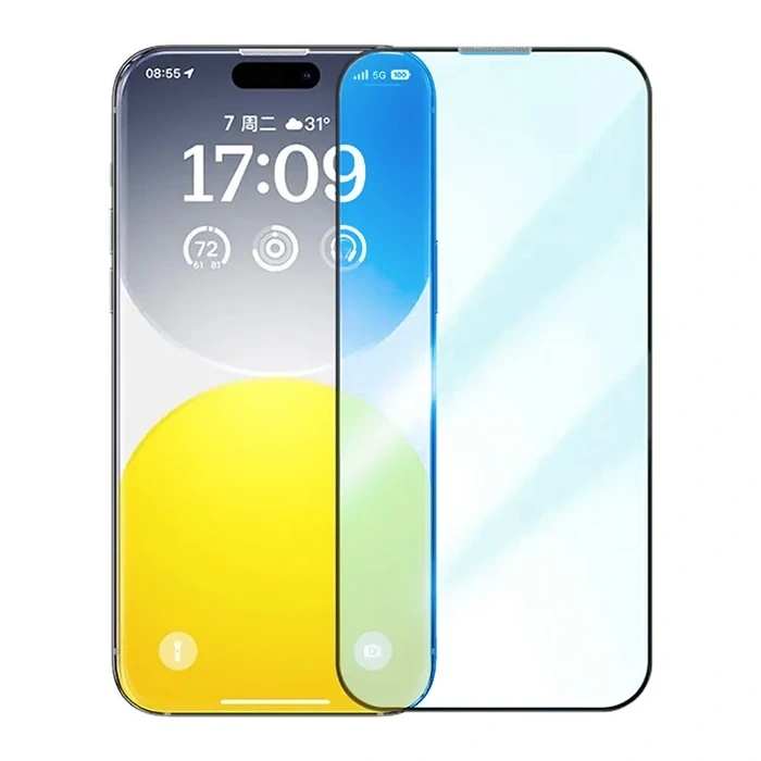 Baseus Crystalline iPhone 15 Pro Full Koruma Anti Mavi Işık Tempered Cam Ekran Koruyucu-(5775)