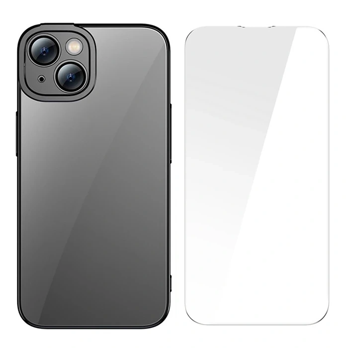 Baseus Glitter iPhone 14 6.1 Renkli Kenar Silikon Kılıf + Tempered Ekran Koruyucu Set-(5775)