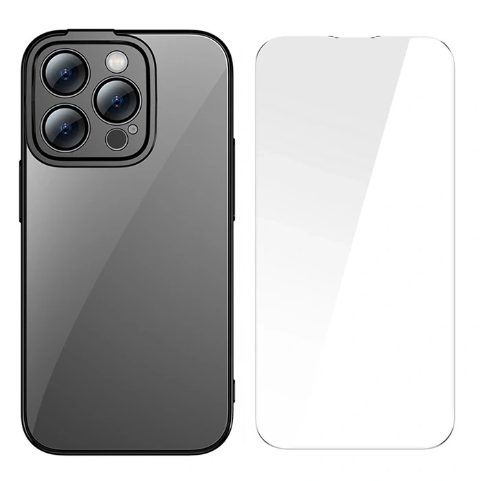 Baseus Glitter iPhone 14 Pro Max 6.7 Renkli Kenar Silikon Kılıf + Tempered Ekran Koruyucu Set-(5775)