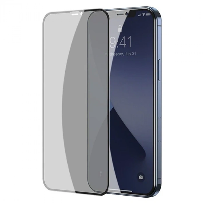 Baseus İPhone 12 Pro Max 6.7 023mm Anti Spy Çerçeveli Tempered Cam Ekran Koruyucu 2 Adet Set-(5775)