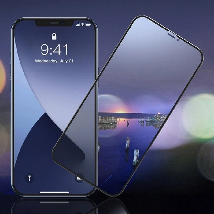Baseus İPhone 12 Pro Max 6.7 023mm Anti Spy Çerçeveli Tempered Cam Ekran Koruyucu 2 Adet Set-(5775)