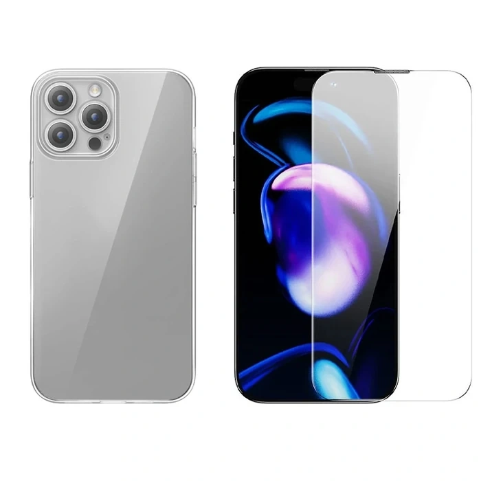 Baseus iPhone 15 Pro Schott Serisi Şeffaf Silikon Kılıf + Tempered Ekran Koruyucu Set-(5775)