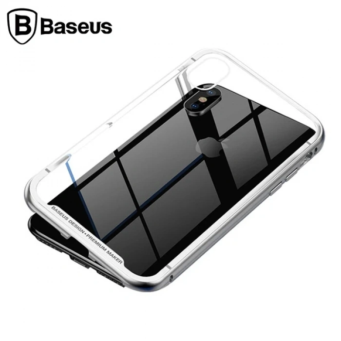 Baseus İPhone Xs Max Arkası Cam Manyetik Metal Frame Kılıf-(5775)