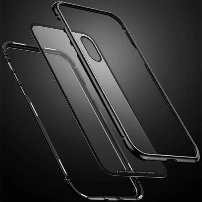 Baseus İPhone Xs Max Arkası Cam Manyetik Metal Frame Kılıf-(5775)