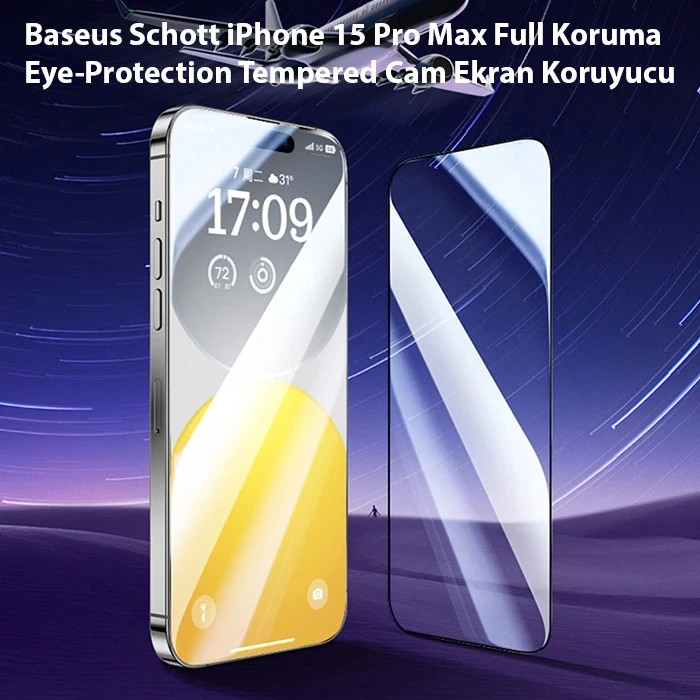 Baseus Schott iPhone 15 Pro Max Full Koruma Eye-Protection Tempered Cam Ekran Koruyucu-(5775)