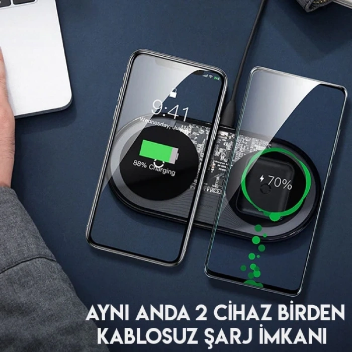 Baseus Simple 2in1 Kablosuz Wireless Şarj 18W iPhones+iPods-(5775)