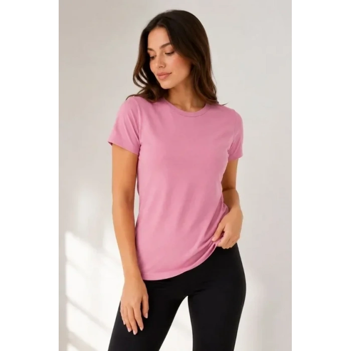 Basic Tişört Bisiklet Yaka Kısa Kol Günlük Yazlık Slim Fit T-Shirt - Pembe