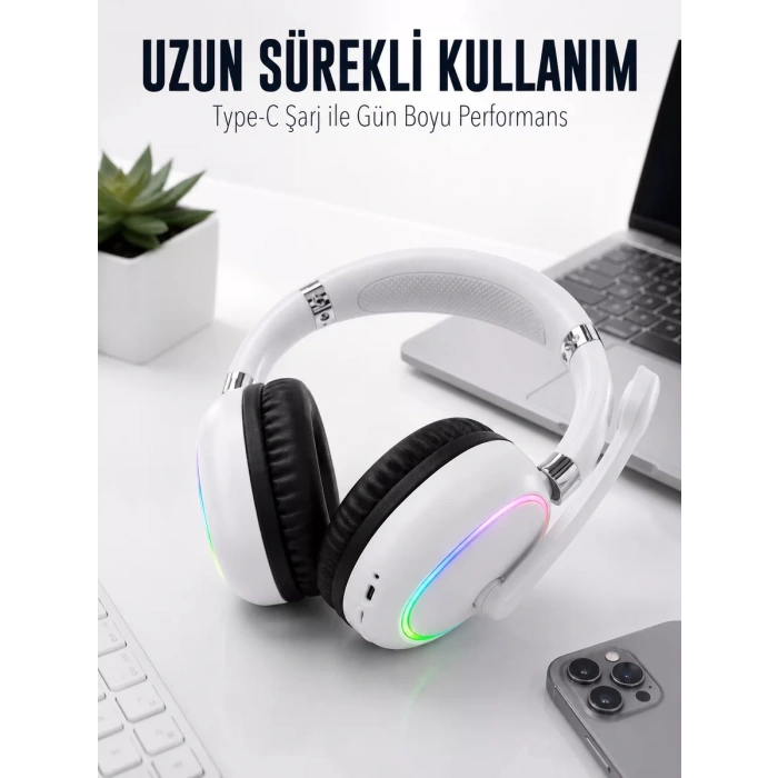 Beyaz Bluetooth 5.0 Mikrofonlu Kablosuz Kulak Üstü Kulaklık RGB Işıklı Type-C Şarjlı