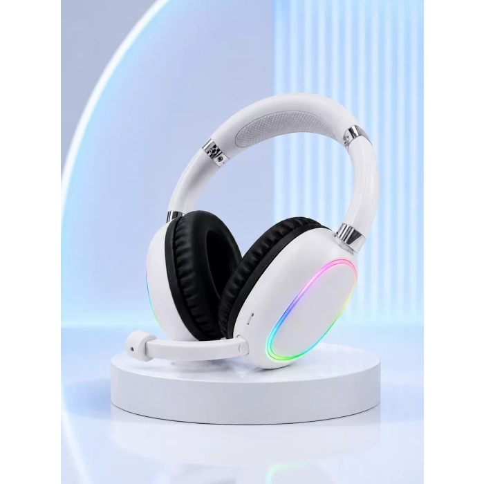 Beyaz Bluetooth 5.0 Mikrofonlu Kablosuz Kulak Üstü Kulaklık RGB Işıklı Type-C Şarjlı