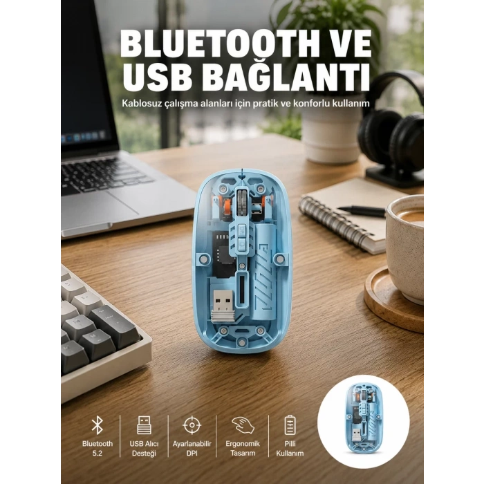 Bluetooth 5.2 Destekli Mavi Pilli Kablosuz Mouse Yeni Nesil
