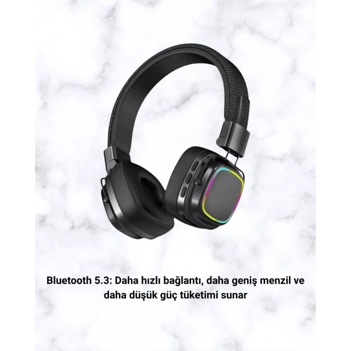 Bluetooth 5.3 Rainbow Işıklı Kulak Üstü Kablosuz Kulaklık Yeni Nesil