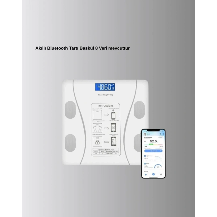 Bluetooth Akıllı Tartı – 8 Fonksiyonlu Dijital Baskül 180 kg Kapasiteli