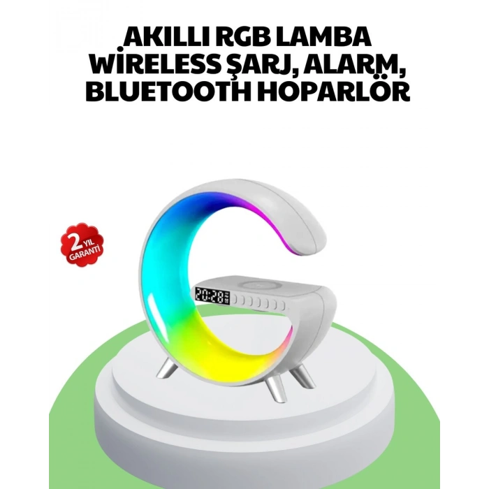Bluetooth Hoparlörlü RGB Atmosfer Lambası Kablosuz Şarj ve Saat Özellikli