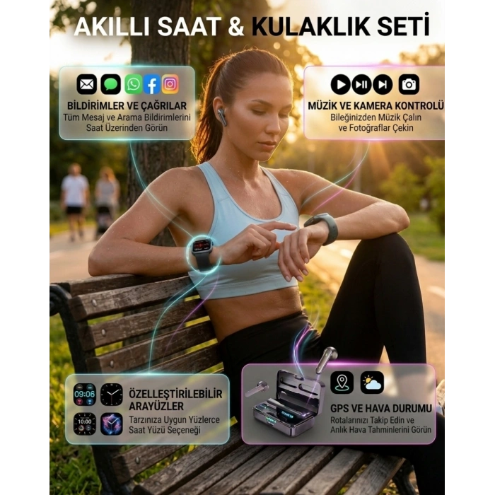 Bluetooth Kulaklıklı Akıllı Saat Seti Yüksek Ses Kalitesi ve 3D Ekran