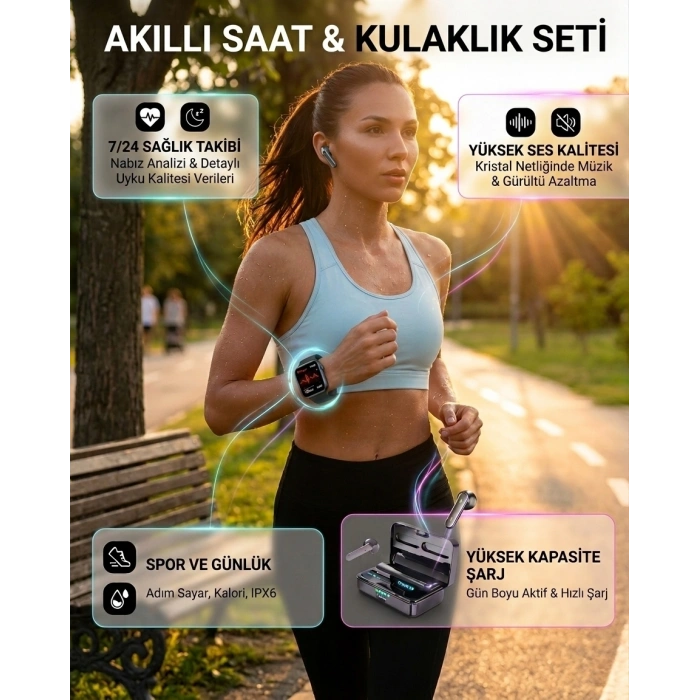 Bluetooth Kulaklıklı Akıllı Saat Seti Yüksek Ses Kalitesi ve 3D Ekran