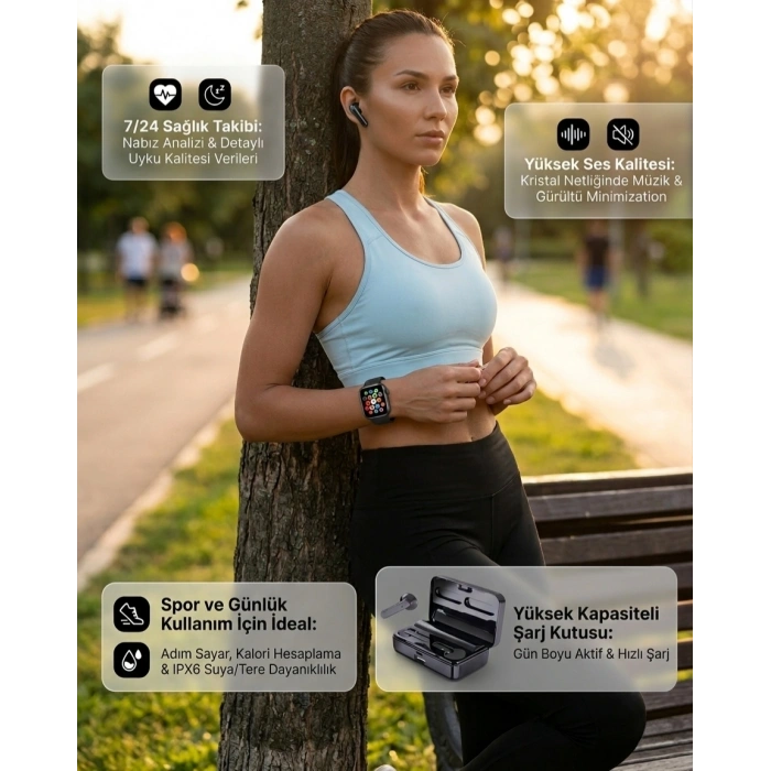 Bluetooth Kulaklıklı Akıllı Saat Seti Yüksek Ses Kalitesi ve 3D Ekran