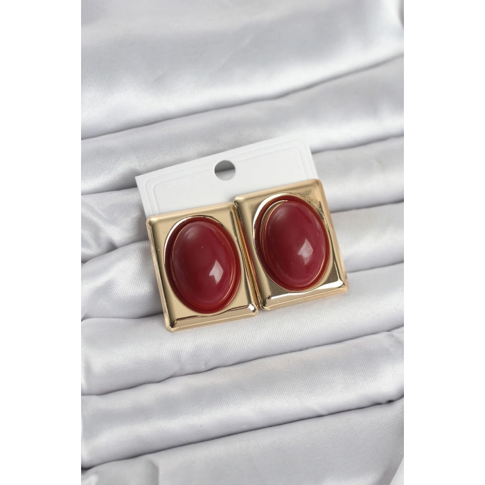Bordo Kare Model Vintage Gold Renk Kadın Küpe 5886