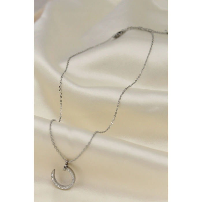 Çelik Silver Renk Zirkon Taşlı Çivi Model Kadın Kolye 5886