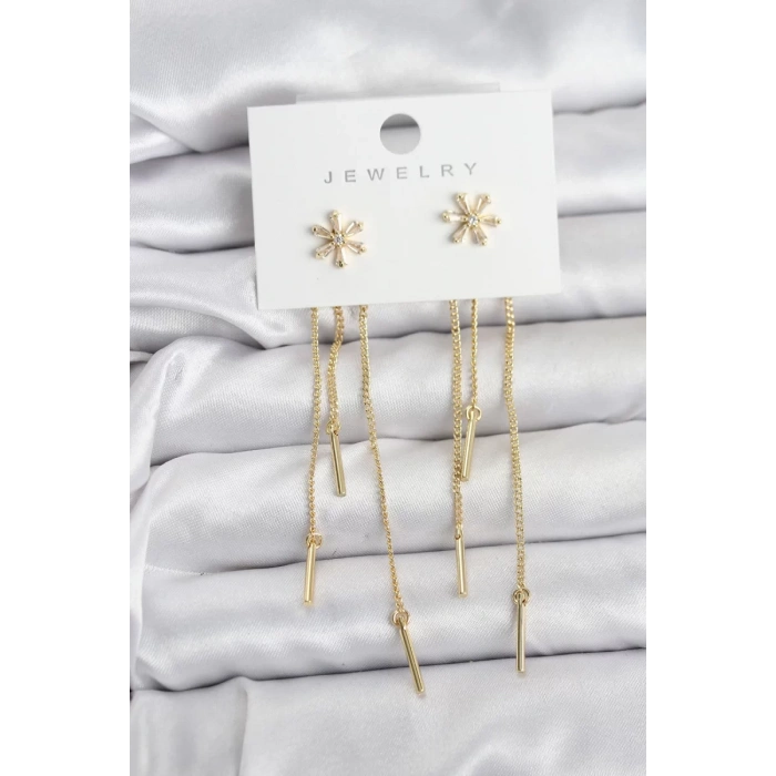 Çiçek Model Gold Pirinç Sallantılı Kadın Küpe - TJ-BKP11465