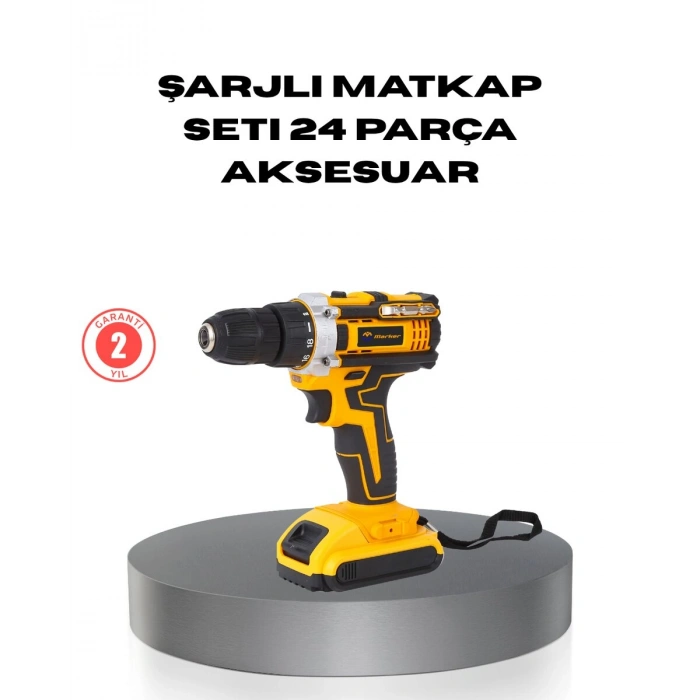 Çift Bataryalı Darbeli Şarjlı Matkap Seti – Metal Dişli 24 Parça Aksesuar ve LED Işıklı