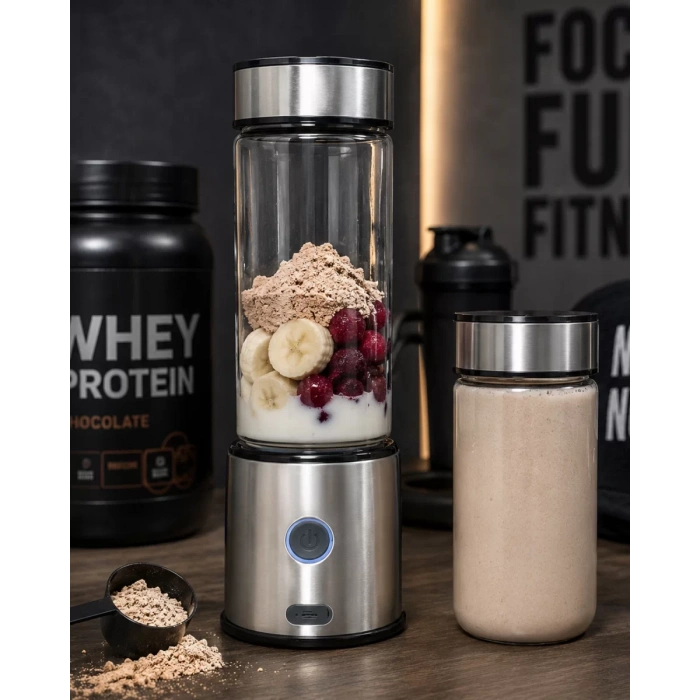 Çift Hazneli Cam Blender USB Şarjlı Smoothie ve Buz Kırıcı Blender