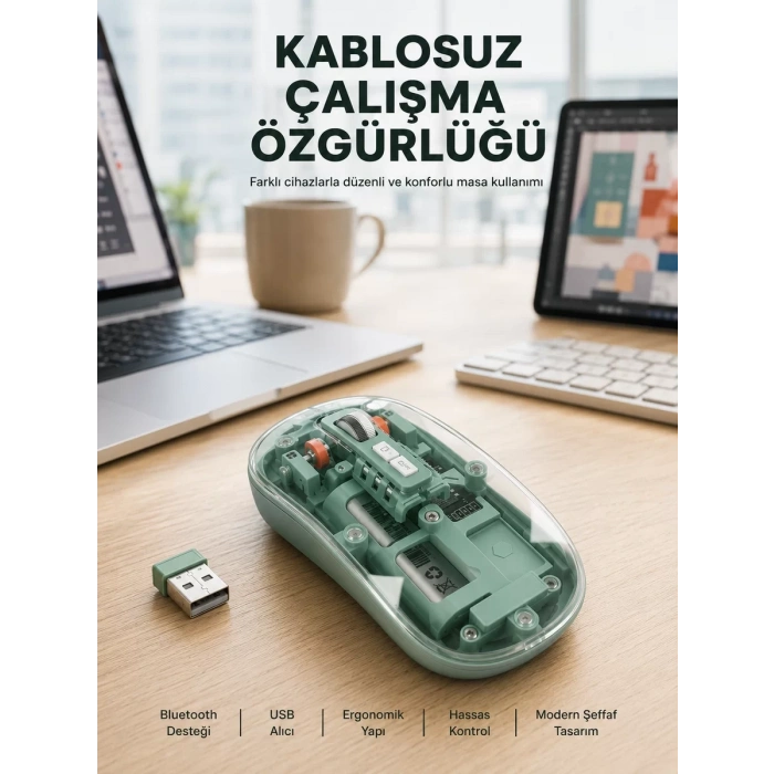 Çift Mod Bağlantılı Kablosuz Mouse Bluetooth ve USB Alıcılı Yeni Nesil