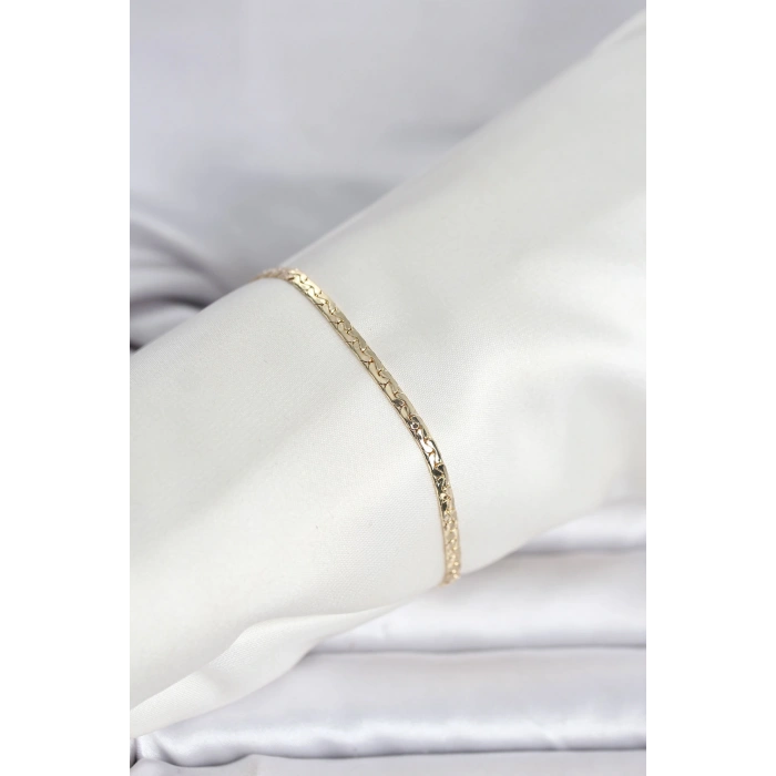 CM 14K Gold Renk Yassı Ezme Zincir Model Kadın Bileklik 5886