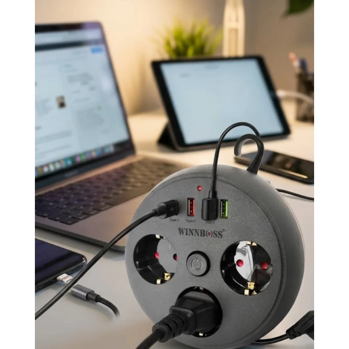 Çoklu Priz Akım Koruma 3 Soket 3 USB Type C Hızlı Şarj 2m Uzatma Kablosu