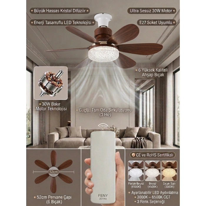 Crystal Aura 52 cm Ultra Sessiz Ahşap Renk LED Tavan Vantilatörü | 3 Kademeli Bakır Motor | Kumandalı Kristal Avize Vantilatör