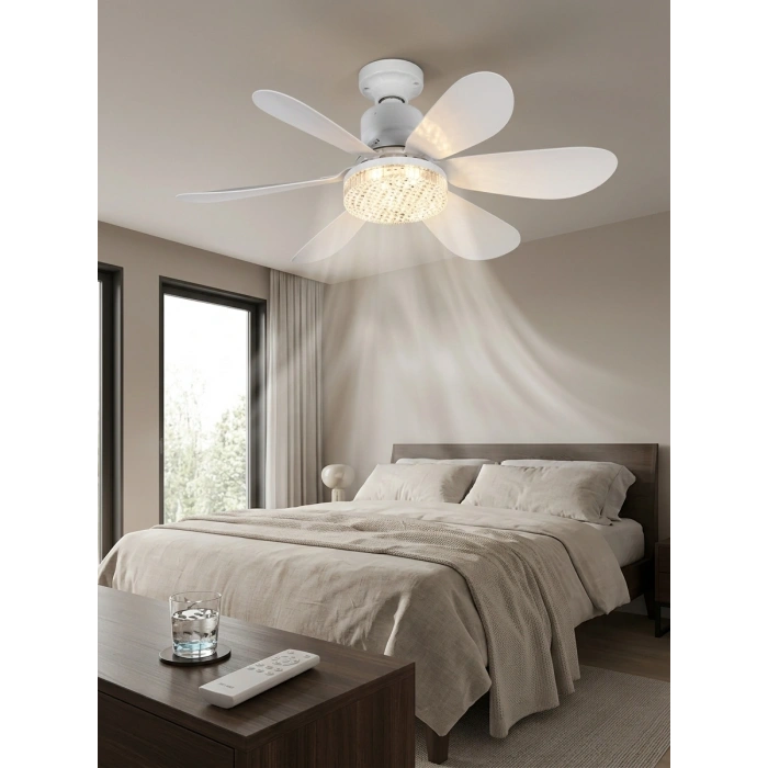 Crystal Aura 52 cm Ultra Sessiz LED Tavan Vantilatörü | 3 Kademeli Bakır Motor | Kumandalı Kristal Avize Vantilatör