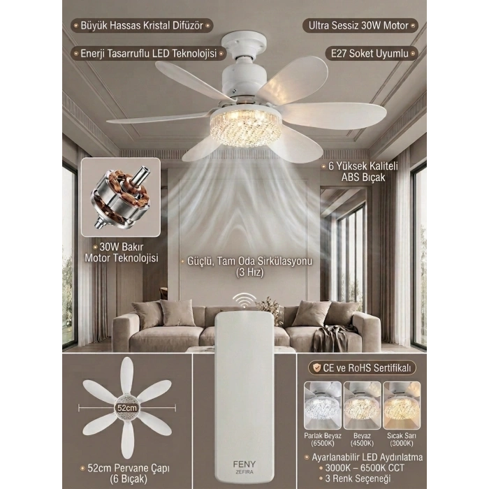Crystal Aura 52 cm Ultra Sessiz LED Tavan Vantilatörü | 3 Kademeli Bakır Motor | Kumandalı Kristal Avize Vantilatör