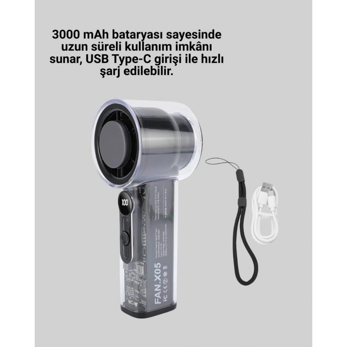 Dijital Ekranlı Şarjlı Mini Fan 100 Kademeli Hız Ayarı